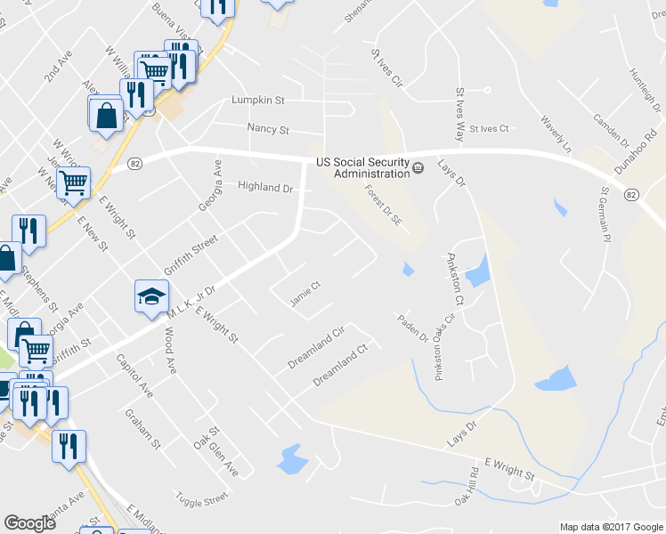 map of restaurants, bars, coffee shops, grocery stores, and more near 262 Kesler Court in Winder