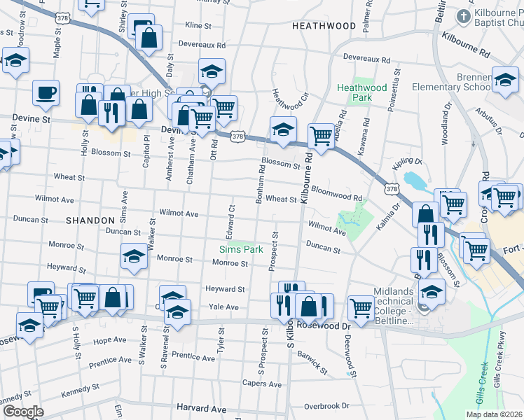 map of restaurants, bars, coffee shops, grocery stores, and more near 3520 Wilmot Avenue in Columbia