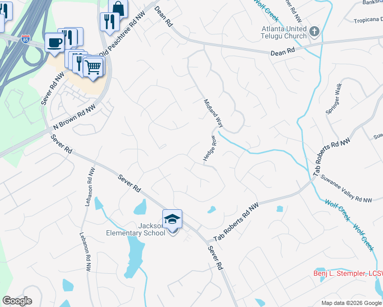 map of restaurants, bars, coffee shops, grocery stores, and more near 1250 Fairfax Hunt in Lawrenceville
