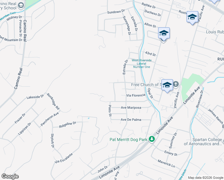 map of restaurants, bars, coffee shops, grocery stores, and more near 4573 Pinto Street in Riverside