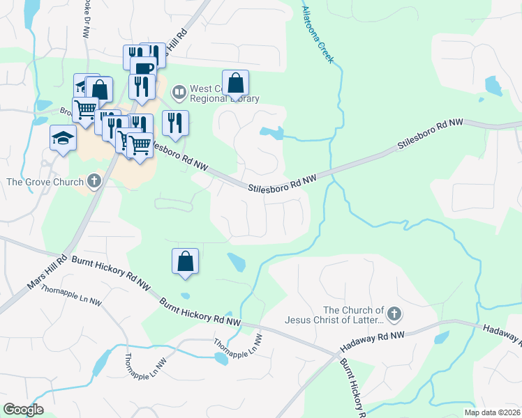 map of restaurants, bars, coffee shops, grocery stores, and more near 1783 Rose Hedge Way Northwest in Kennesaw