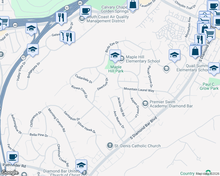 map of restaurants, bars, coffee shops, grocery stores, and more near 22244 Croll Court in Diamond Bar