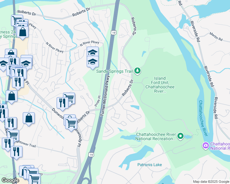 map of restaurants, bars, coffee shops, grocery stores, and more near 8601 Roberts Drive in Sandy Springs