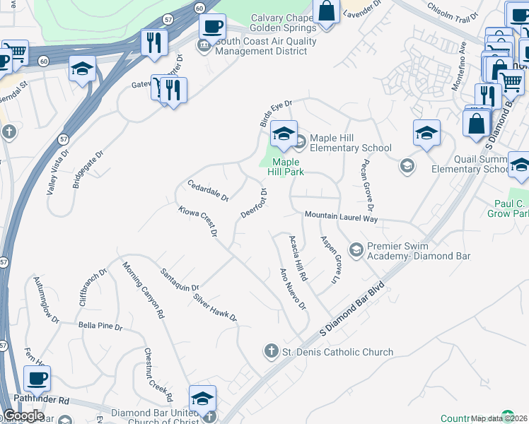 map of restaurants, bars, coffee shops, grocery stores, and more near 22222 Croll Court in Diamond Bar