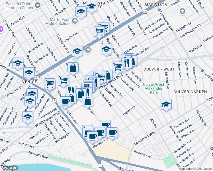 map of restaurants, bars, coffee shops, grocery stores, and more near 4017 Tivoli Avenue in Los Angeles