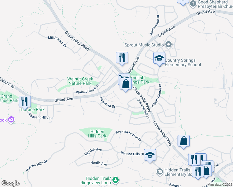 map of restaurants, bars, coffee shops, grocery stores, and more near Hillcrest Drive in Chino Hills
