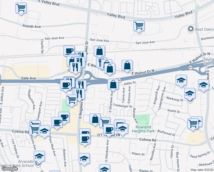 map of restaurants, bars, coffee shops, grocery stores, and more near 1306 Ajanta Avenue in Rowland Heights
