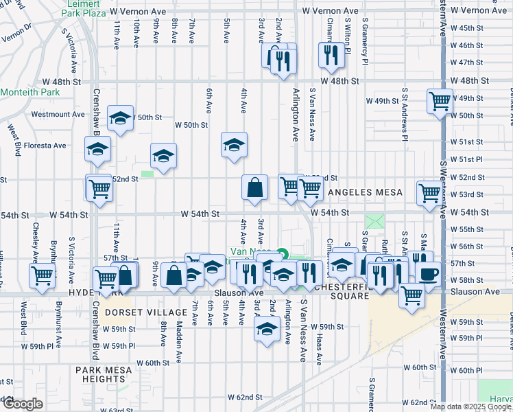 map of restaurants, bars, coffee shops, grocery stores, and more near 2418 West 54th Street in Los Angeles