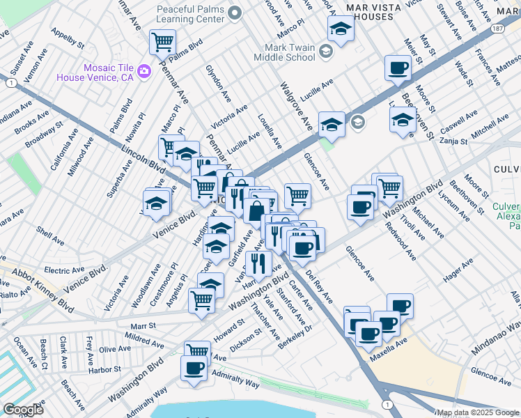 map of restaurants, bars, coffee shops, grocery stores, and more near 2452 Penmar Avenue in Los Angeles