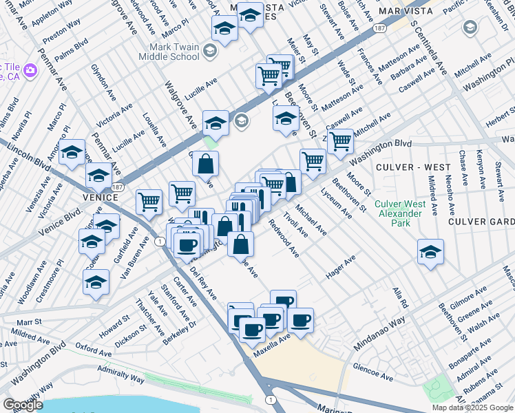 map of restaurants, bars, coffee shops, grocery stores, and more near 3949 Redwood Avenue in Los Angeles