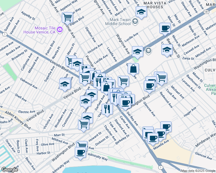 map of restaurants, bars, coffee shops, grocery stores, and more near 2452 Penmar Avenue in Los Angeles