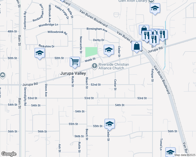 map of restaurants, bars, coffee shops, grocery stores, and more near 9600 51st Street in Riverside
