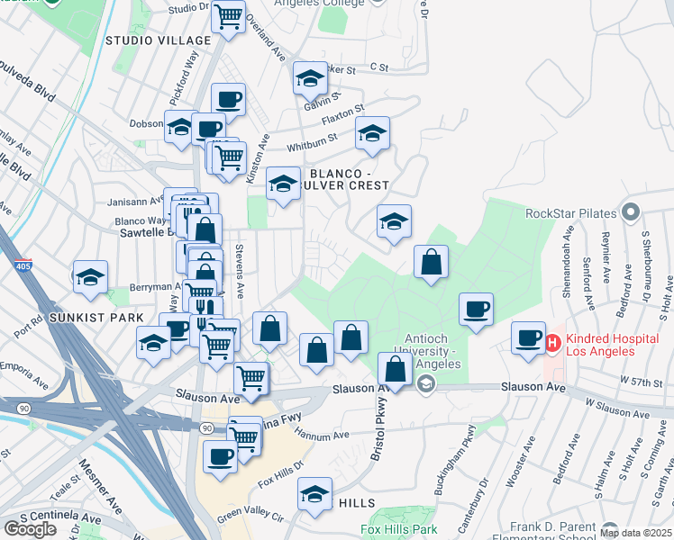 map of restaurants, bars, coffee shops, grocery stores, and more near 11260 Overland Avenue in Culver City