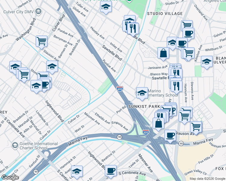 map of restaurants, bars, coffee shops, grocery stores, and more near 5164 Dawes Avenue in Culver City