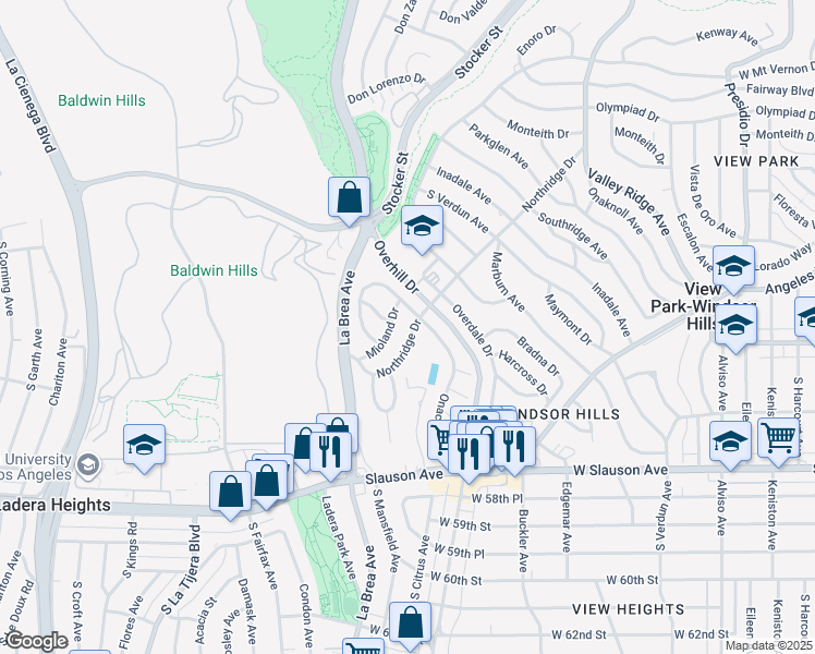 map of restaurants, bars, coffee shops, grocery stores, and more near 4581 Northridge Drive in View Park-Windsor Hills