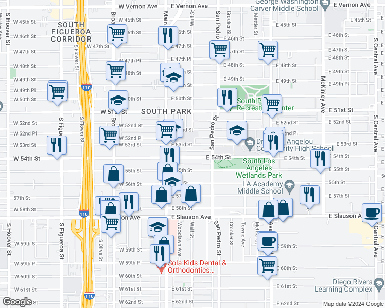 map of restaurants, bars, coffee shops, grocery stores, and more near 201 East 54th Street in Los Angeles