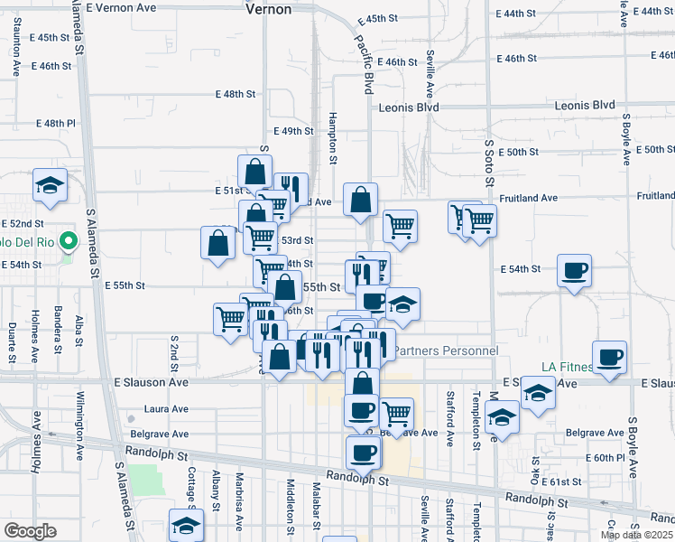 map of restaurants, bars, coffee shops, grocery stores, and more near 2523 East 55th Street in Huntington Park