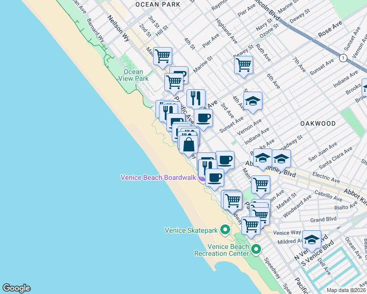 map of restaurants, bars, coffee shops, grocery stores, and more near 517 Ocean Front Walk in Los Angeles