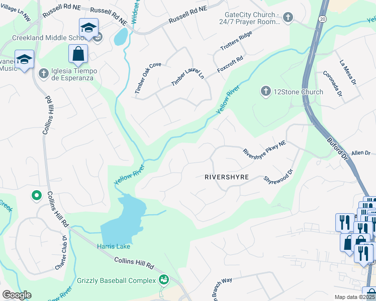 map of restaurants, bars, coffee shops, grocery stores, and more near 1305 Oakshyre Place in Lawrenceville