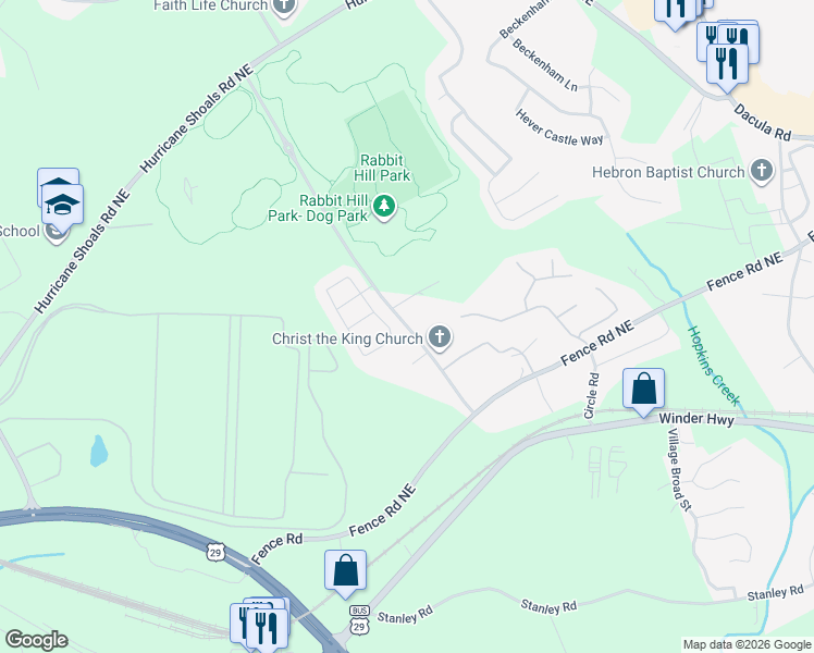 map of restaurants, bars, coffee shops, grocery stores, and more near Rabbit Hill Road in Dacula