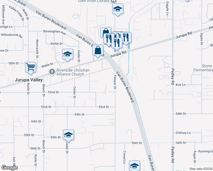 map of restaurants, bars, coffee shops, grocery stores, and more near 9265 52nd Street in Riverside