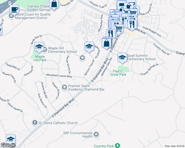 map of restaurants, bars, coffee shops, grocery stores, and more near 1659 South Diamond Bar Boulevard in Diamond Bar