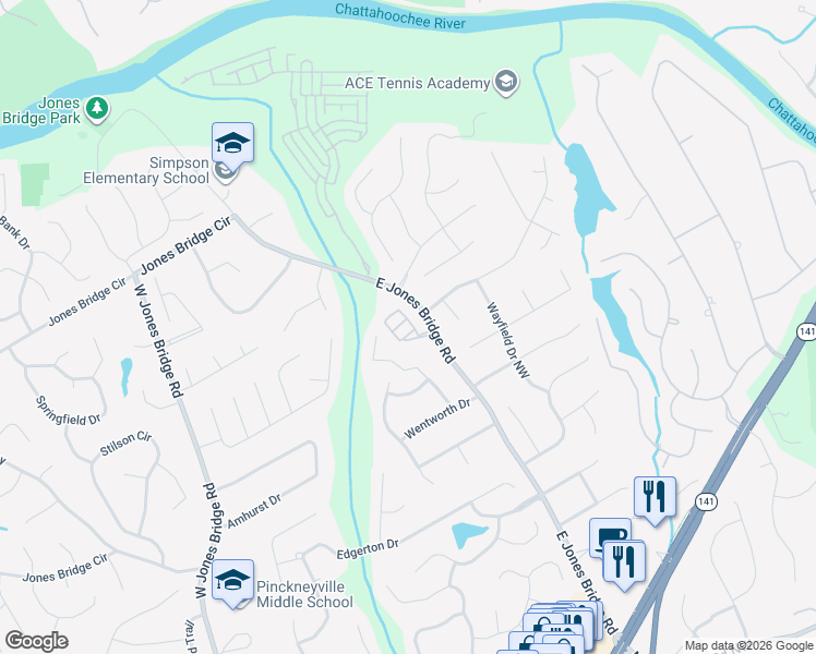 map of restaurants, bars, coffee shops, grocery stores, and more near 5263 Creek Walk Circle Northwest in Norcross