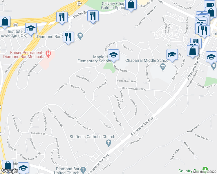 map of restaurants, bars, coffee shops, grocery stores, and more near 22244 Croll Court in Diamond Bar