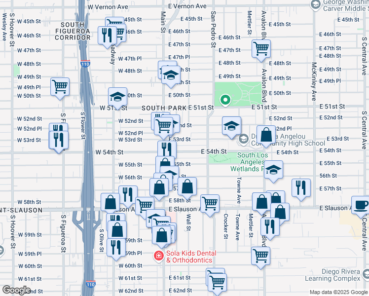 map of restaurants, bars, coffee shops, grocery stores, and more near 151 East 54th Street in Los Angeles