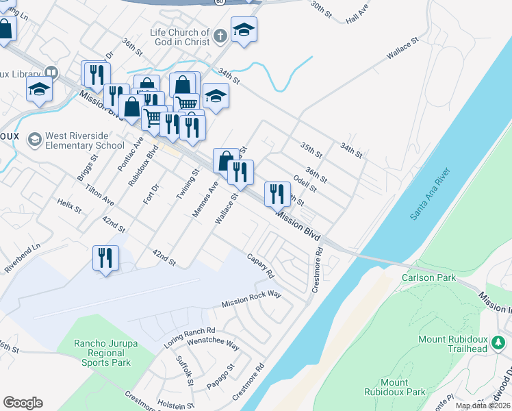 map of restaurants, bars, coffee shops, grocery stores, and more near 5360 Mission Boulevard in Riverside