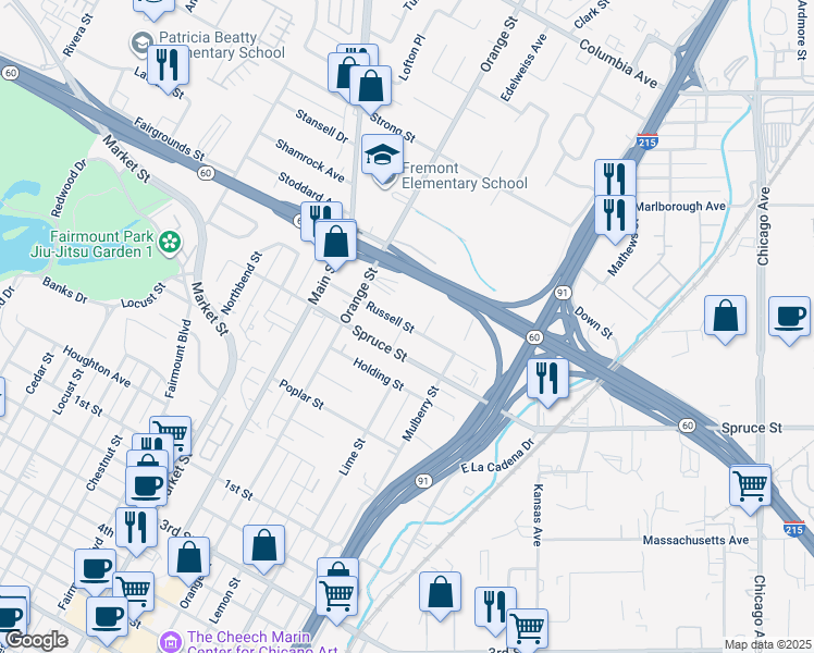 map of restaurants, bars, coffee shops, grocery stores, and more near 3455 Spruce Street in Riverside