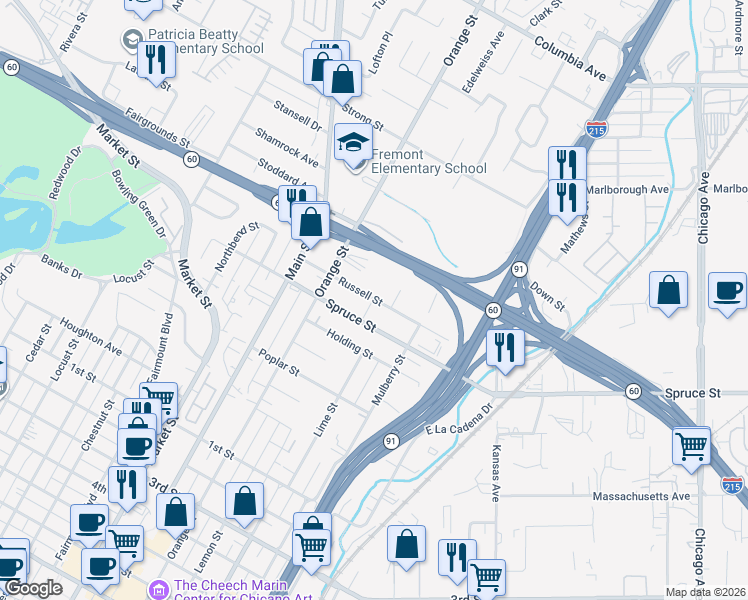 map of restaurants, bars, coffee shops, grocery stores, and more near 3455 Spruce Street in Riverside