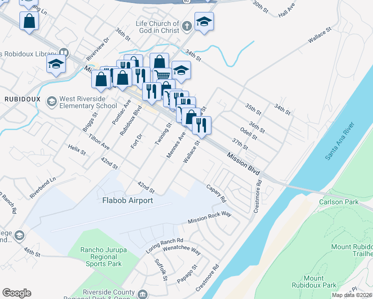 map of restaurants, bars, coffee shops, grocery stores, and more near 3925 Wallace Street in Riverside