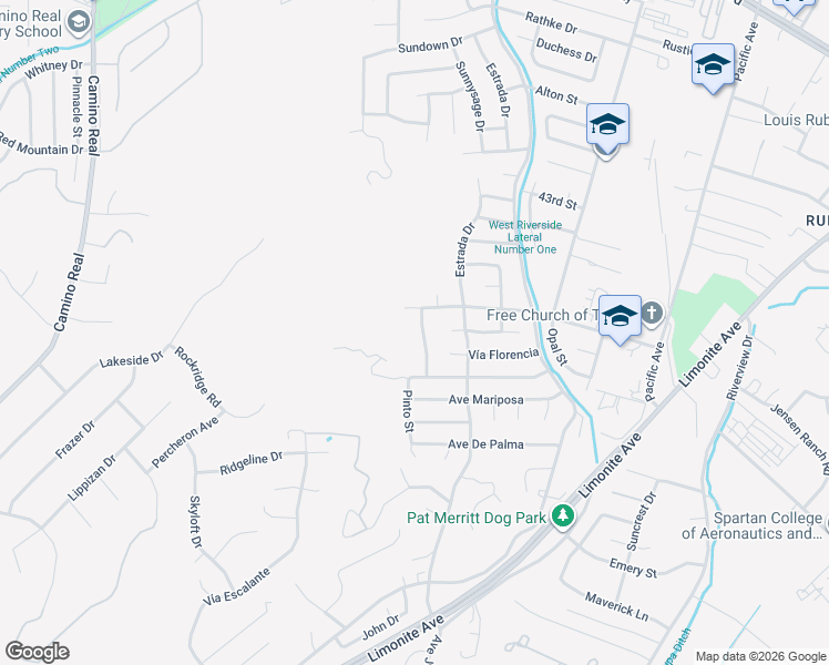 map of restaurants, bars, coffee shops, grocery stores, and more near 4573 Pinto Street in Riverside
