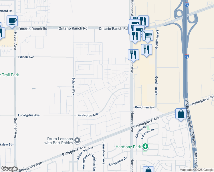 map of restaurants, bars, coffee shops, grocery stores, and more near 11071 Edison Avenue in Ontario
