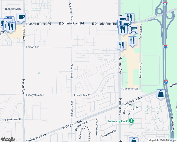 map of restaurants, bars, coffee shops, grocery stores, and more near 14350 Cleveland Avenue in Ontario