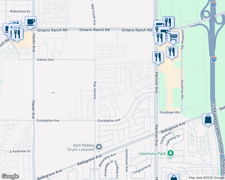 map of restaurants, bars, coffee shops, grocery stores, and more near 14350 Cleveland Avenue in Ontario