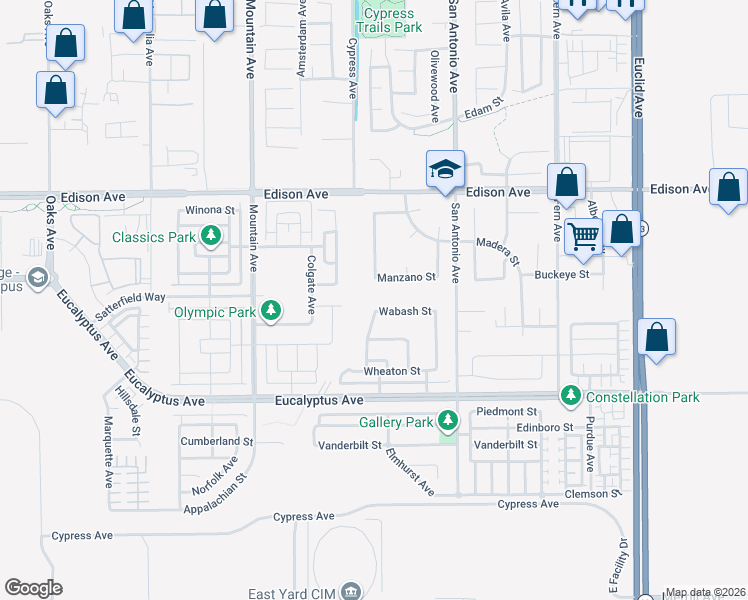 map of restaurants, bars, coffee shops, grocery stores, and more near 6571 Wabash Street in Chino