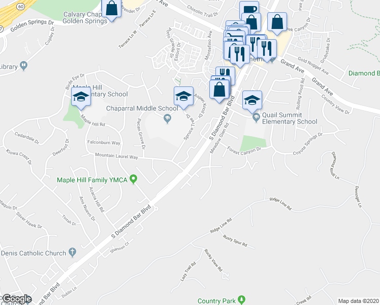 map of restaurants, bars, coffee shops, grocery stores, and more near 1623 Silver Rain Drive in Diamond Bar