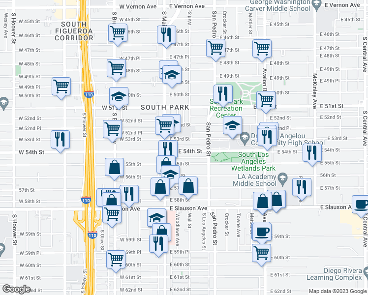 map of restaurants, bars, coffee shops, grocery stores, and more near 145 East 54th Street in Los Angeles