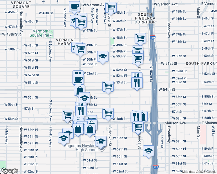 map of restaurants, bars, coffee shops, grocery stores, and more near 5404 South Hoover Street in Los Angeles