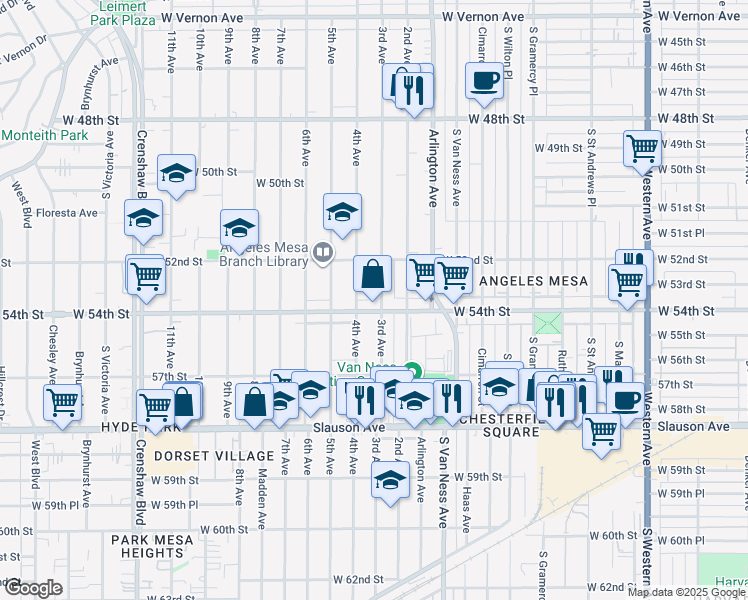map of restaurants, bars, coffee shops, grocery stores, and more near 2418 West 54th Street in Los Angeles