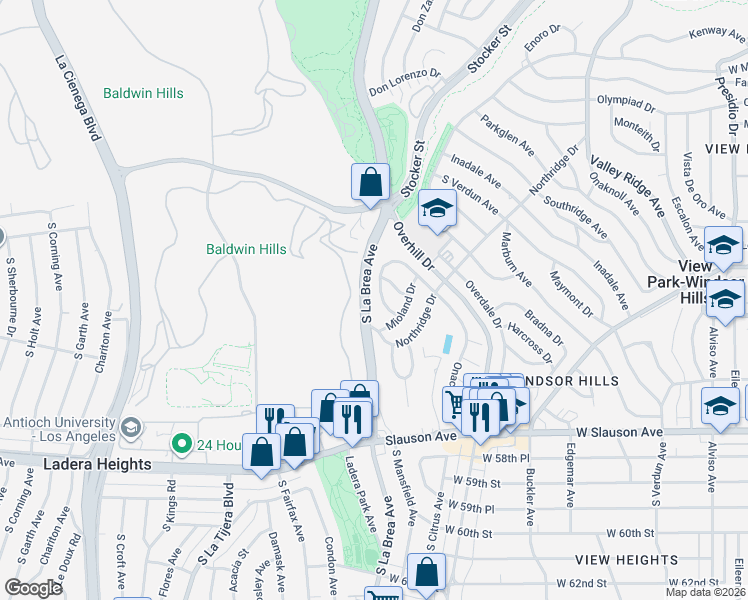 map of restaurants, bars, coffee shops, grocery stores, and more near 4697 Northridge Drive in View Park-Windsor Hills