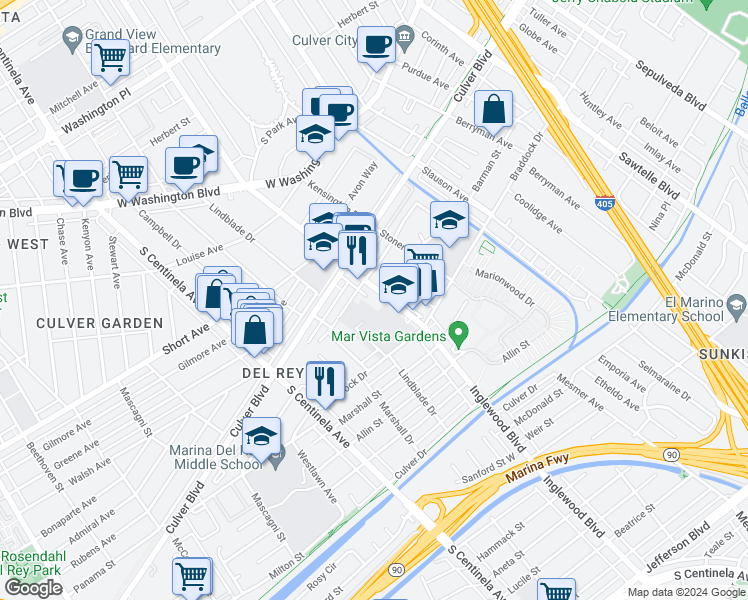 map of restaurants, bars, coffee shops, grocery stores, and more near 4711 Inglewood Boulevard in Culver City