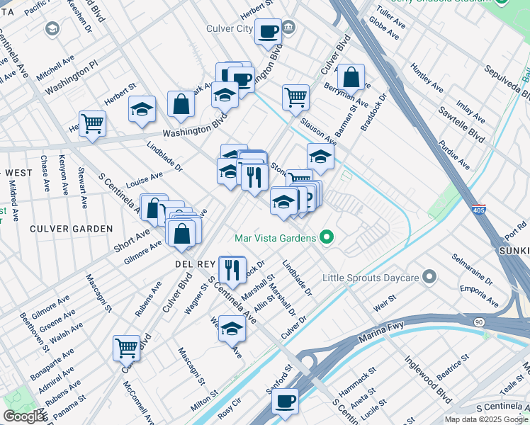 map of restaurants, bars, coffee shops, grocery stores, and more near 4711 Inglewood Boulevard in Culver City