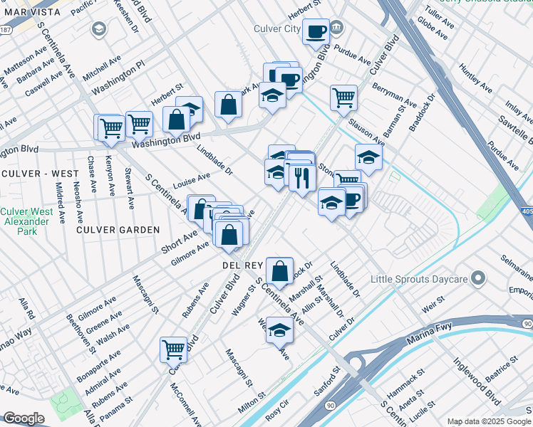 map of restaurants, bars, coffee shops, grocery stores, and more near 12072 Culver Boulevard in Los Angeles
