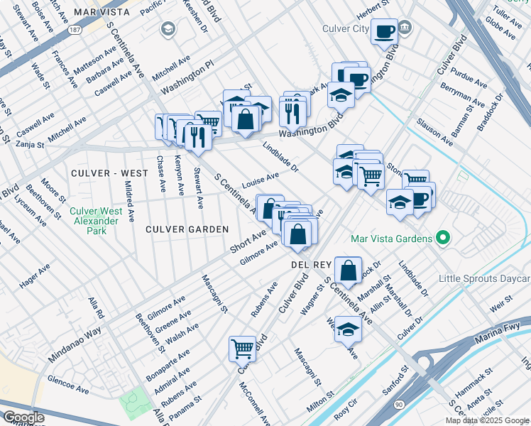 map of restaurants, bars, coffee shops, grocery stores, and more near in Los Angeles
