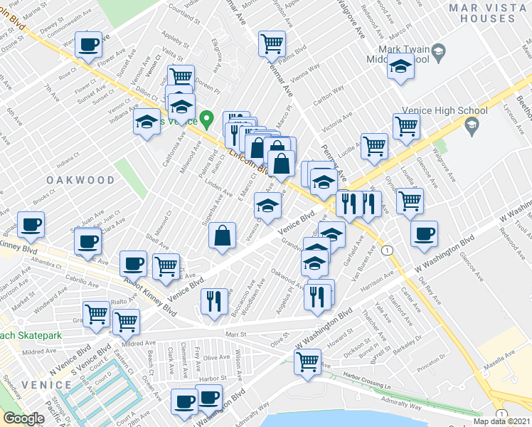 map of restaurants, bars, coffee shops, grocery stores, and more near 849 Victoria Avenue in Los Angeles