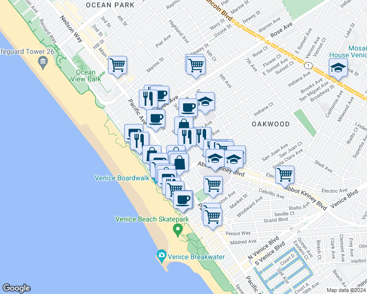 map of restaurants, bars, coffee shops, grocery stores, and more near 800 Main Street in Los Angeles