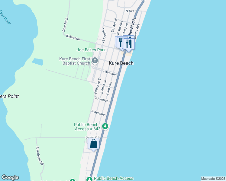 map of restaurants, bars, coffee shops, grocery stores, and more near 426 Fort Fisher Boulevard South in Kure Beach
